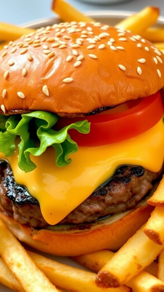 A delicious cheeseburger with lettuce, tomato, and fries on a wooden table.